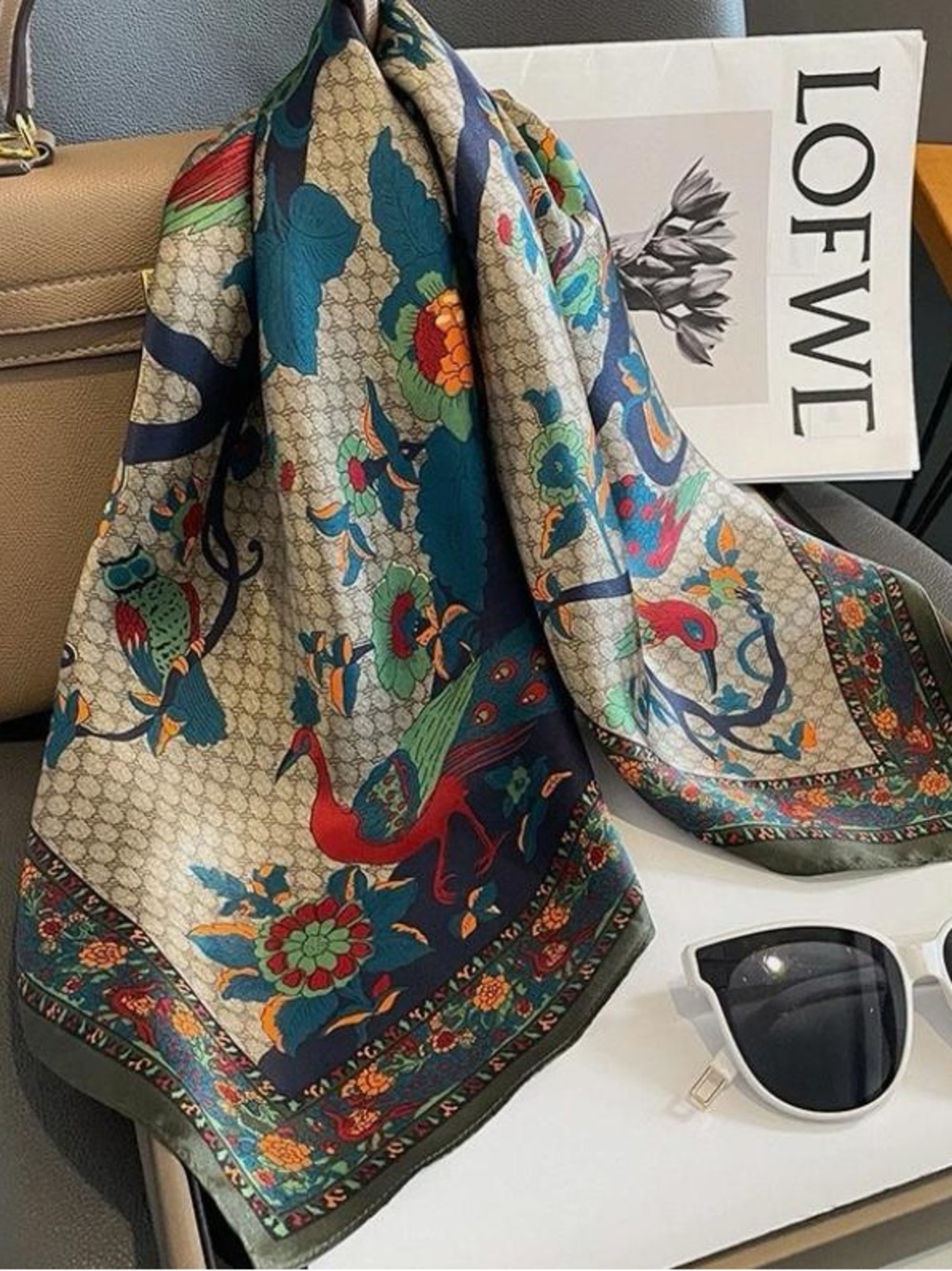 Silk-Feel Floral & Peacock Print Scarf in Teal and Red